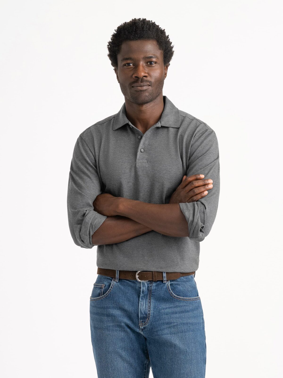 Grey Italian Easy Care Long Sleeve Polo Shirt Shirt