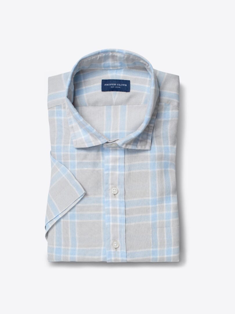 Portuguese Washed Light Grey and Blue Large Plaid Linen Short Sleeve Shirt