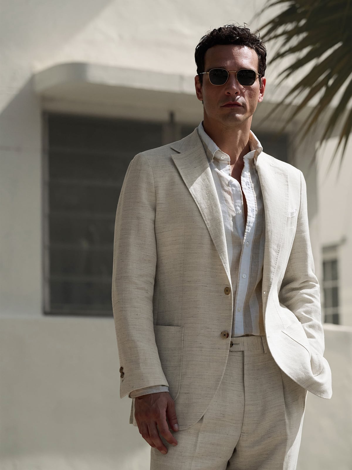 men's beige dress shirt Linen | Spring Tops Machine wash and dry Portuguese Beige Wide Stripe Linen