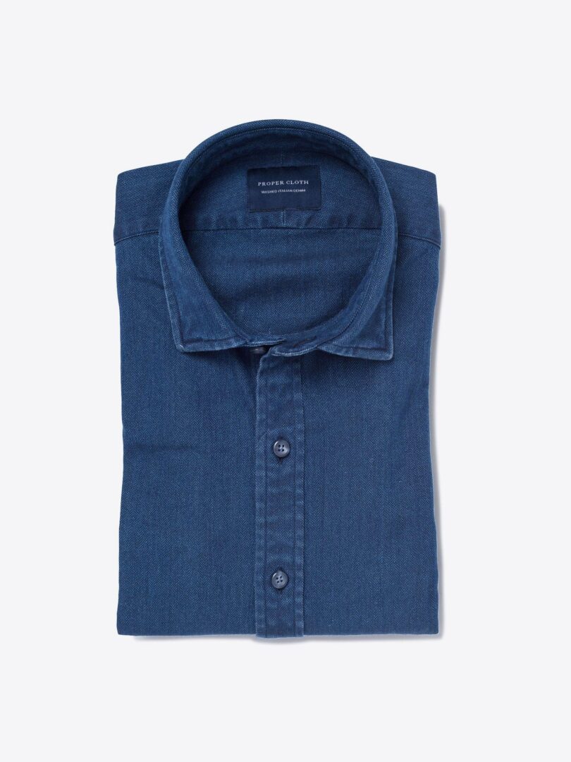 Albiate Washed Indigo Herringbone Men's Dress Shirt 
