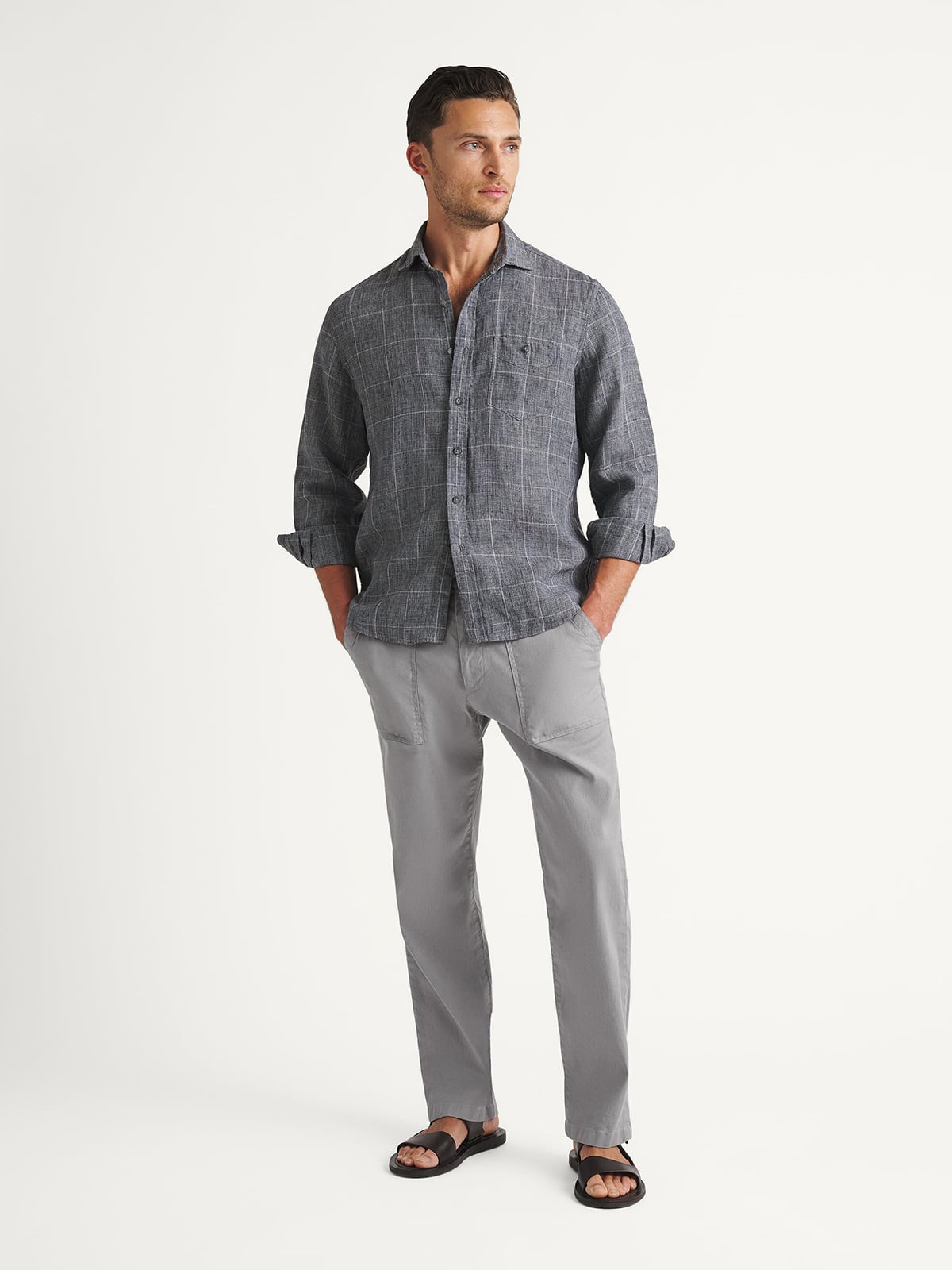 The Italian Linen Melange Shirt in Steel Plaid