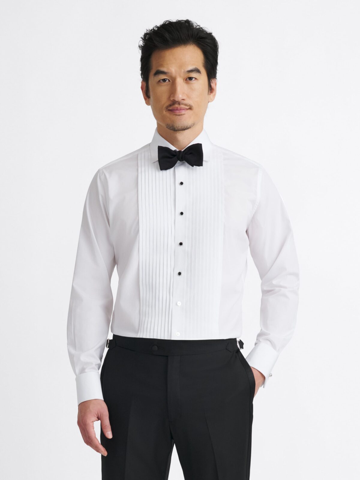 The Pleated Front Tuxedo Shirt in Thomas Mason White Luxury Broadcloth
