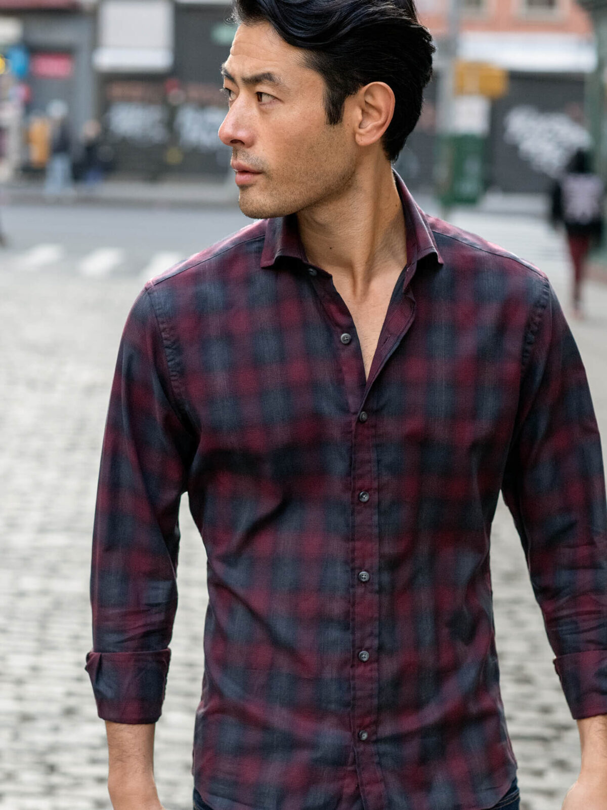 Albini Red and Grey Melange Plaid Featherweight Flannel Shirt by