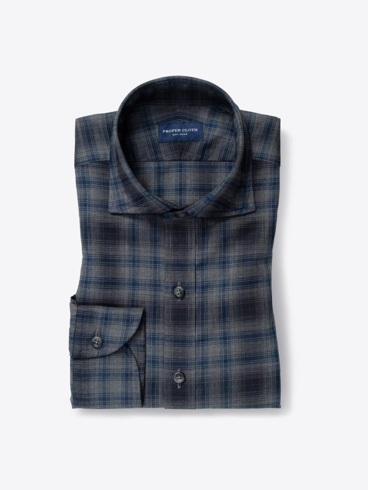 Albini Grey and Navy Plaid Featherweight Flannel Shirt by