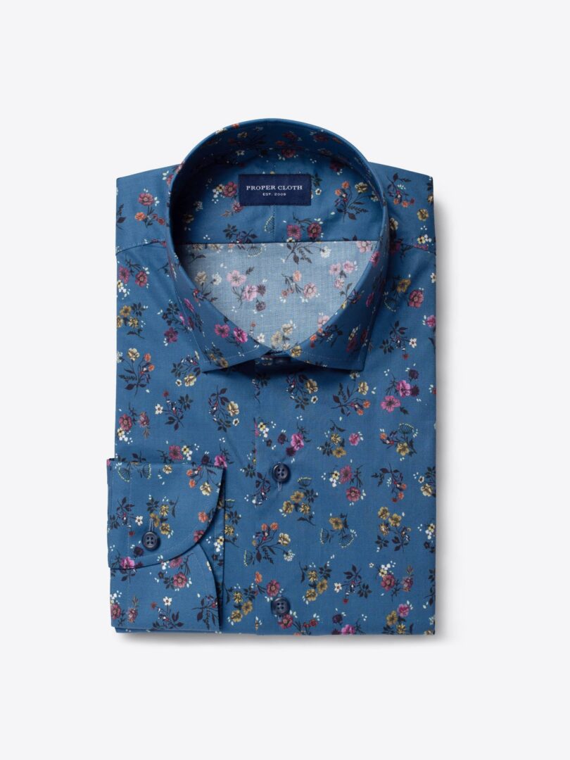 Albini Steel Blue Floral Print Tailor Made Shirt 