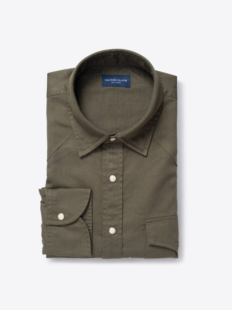 Albiate Washed Olive Cotton and Linen Denim 