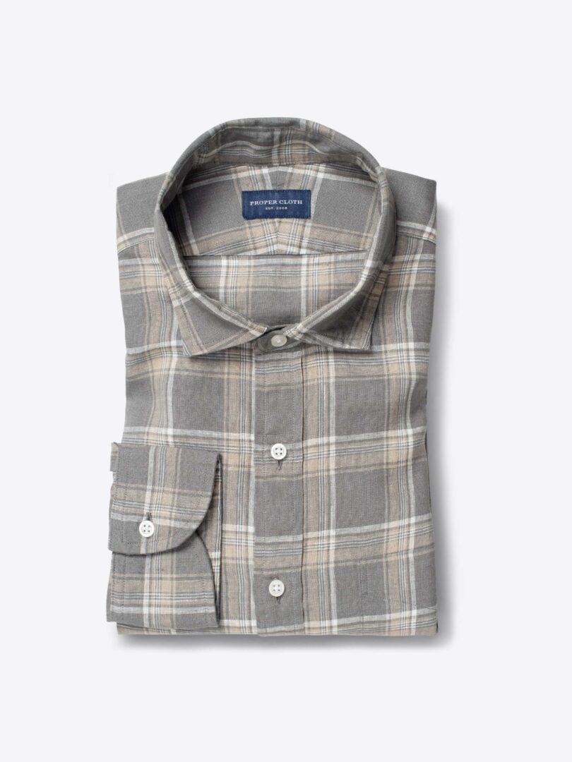 Portuguese Washed Brown and Beige Shadow Plaid Linen Custom Dress Shirt 