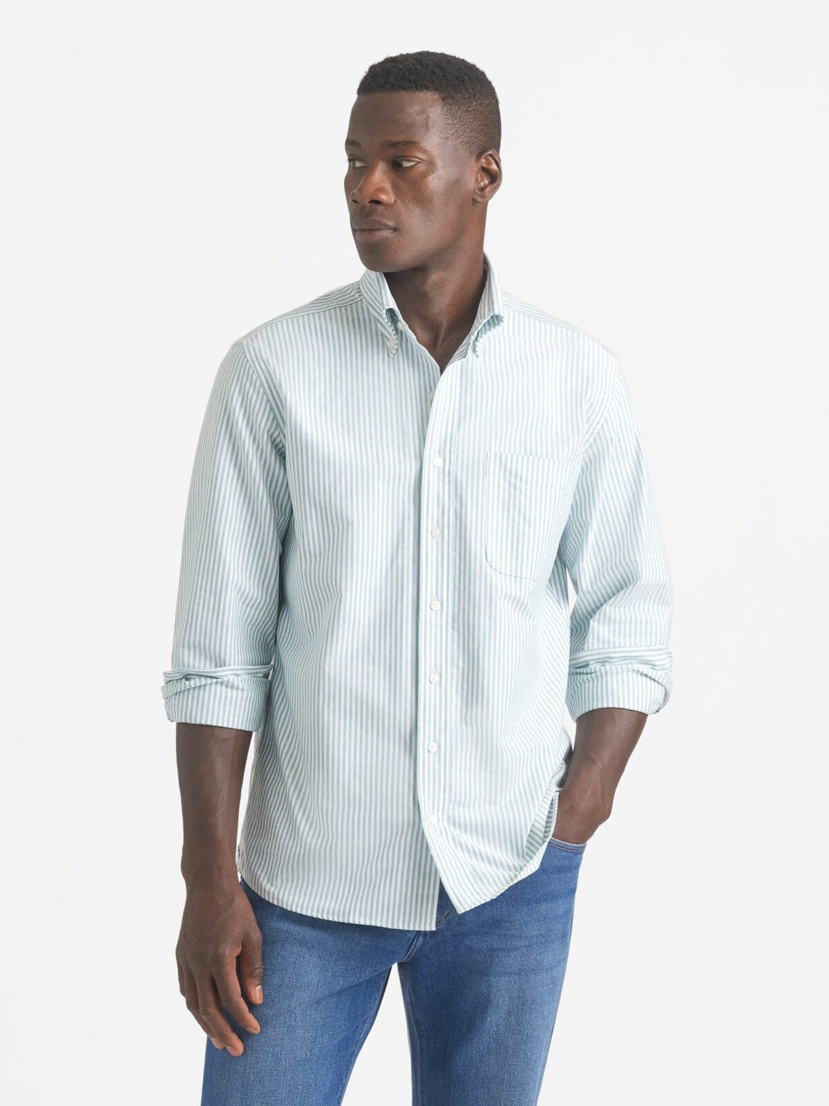 The Clark Oxford Cloth Button Down in Green University Stripe The Clark Oxford Cloth Button Down in Green University Stripe