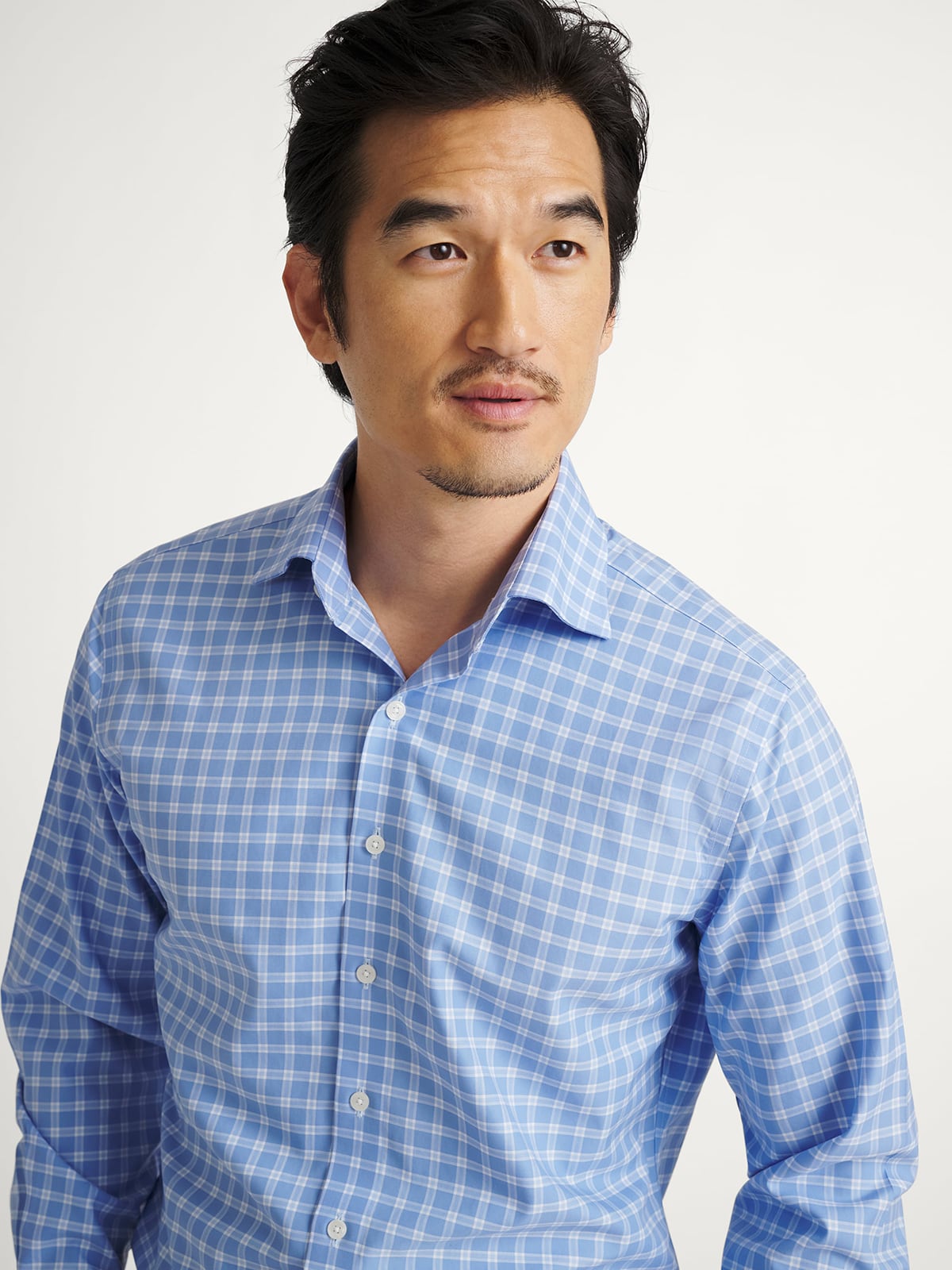 The Thomas Mason Non-Iron Shirt in Slate Blue and Sky Plaid