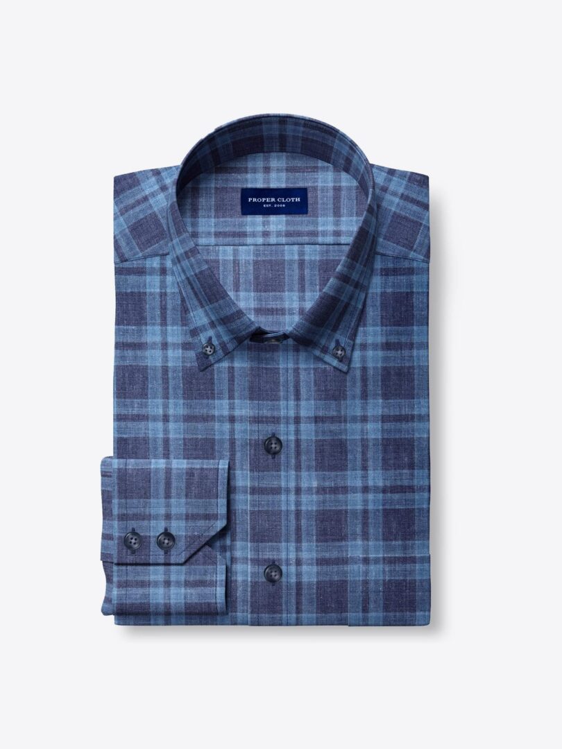 Redondo Navy Plaid Linen Custom Made Shirt 