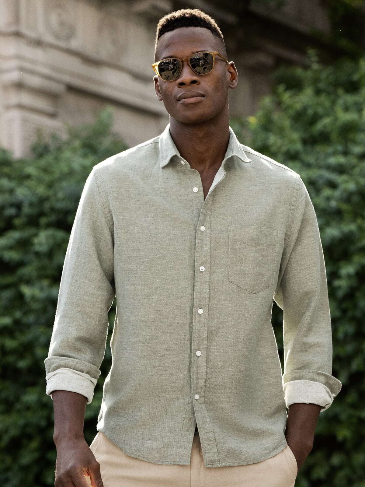 Sun Washed Sage Cotton and Linen Twill Shirt