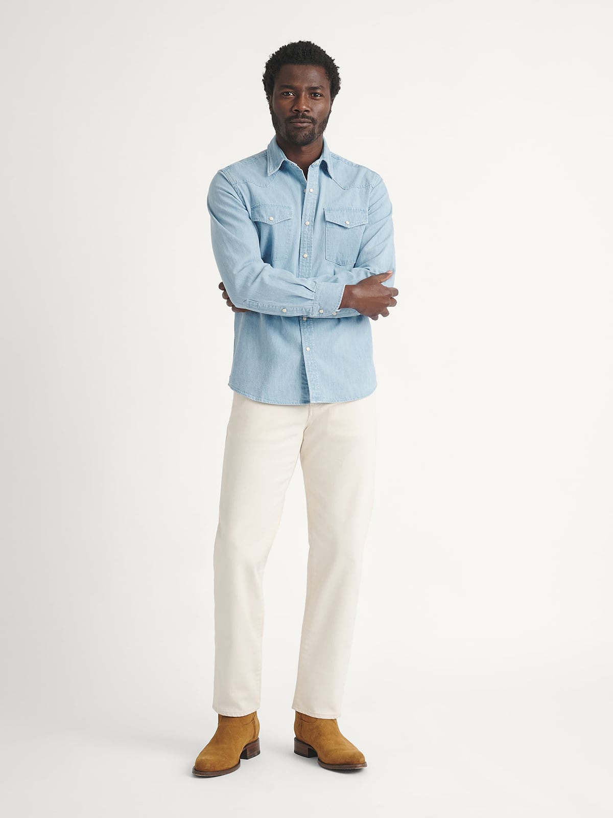 The Leadville Heavyweight Western Shirt in Light Wash Italian Denim