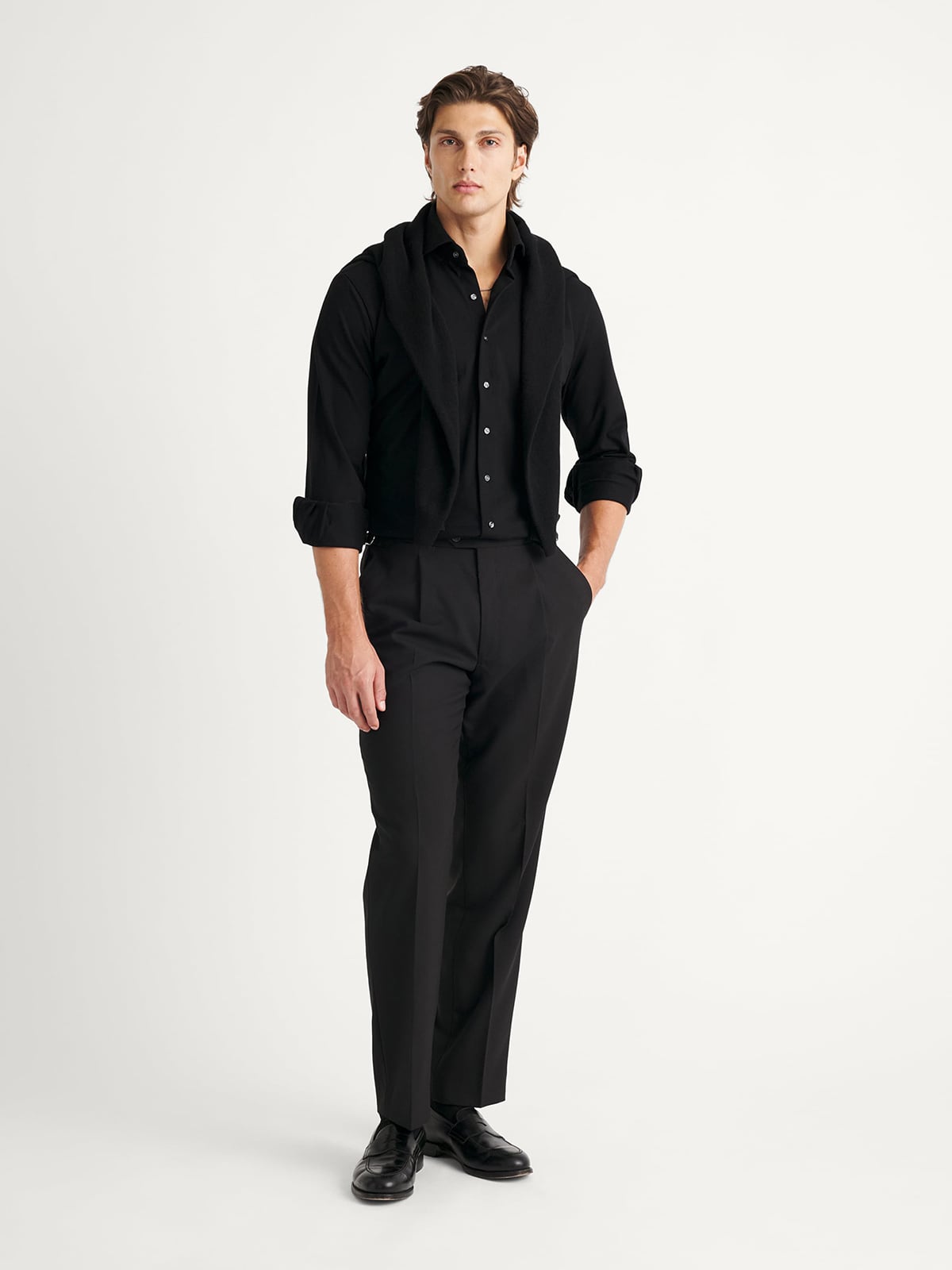 Canclini Black Easy Care Knit Pique Cutaway Collar Shirt