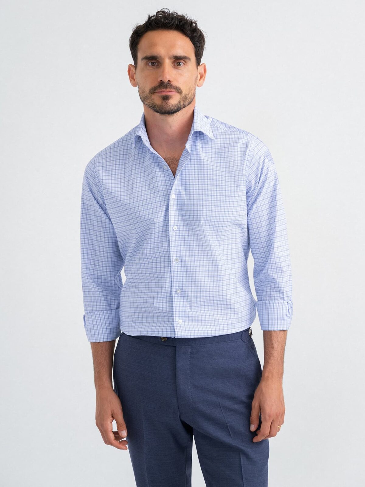 Thomas Mason Non-Iron Light Blue Multi Check Shirt by Proper Cloth