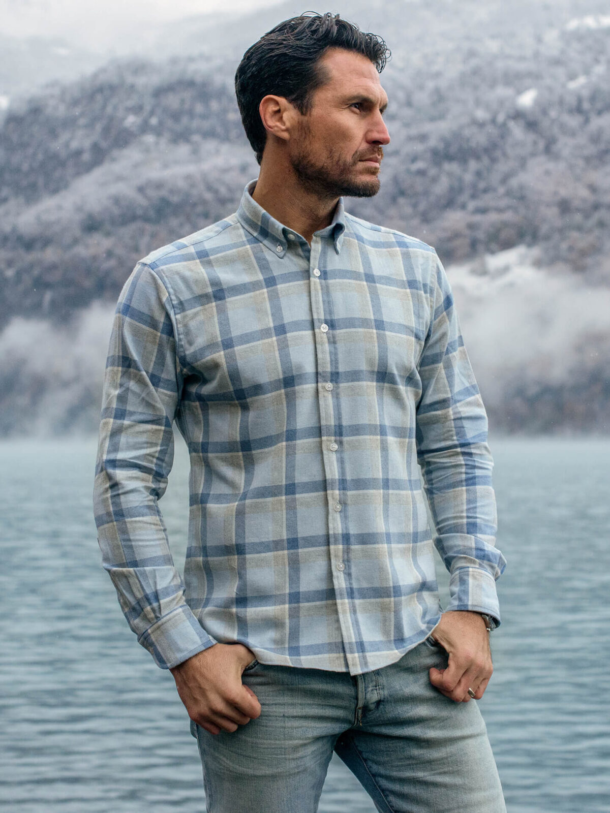 Canclini Frost Blue Shadow Plaid Beacon Flannel Shirt by Proper Cloth