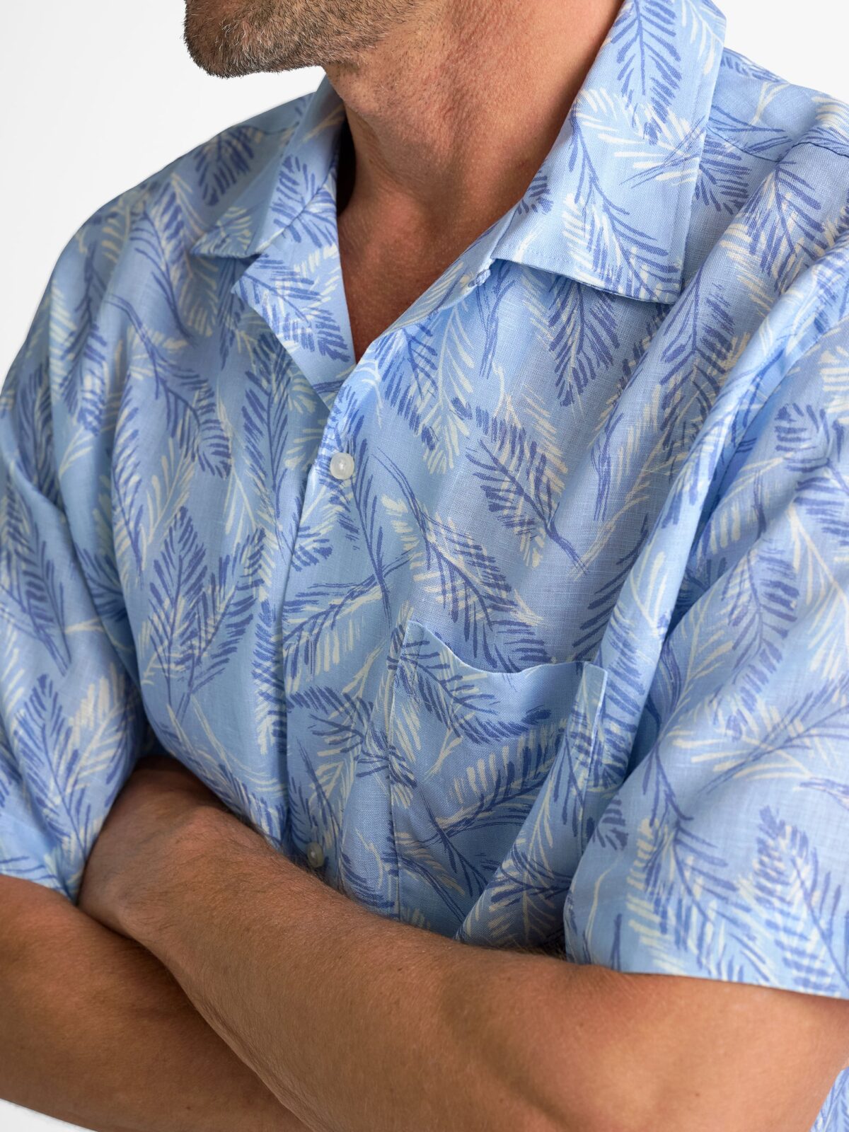 The Albini Linen Camp Shirt in Light Blue Leaf Print