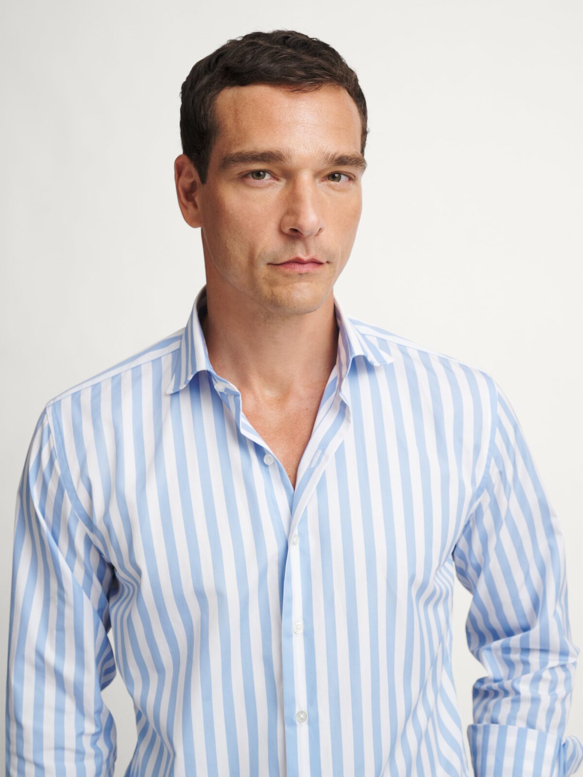 are striped dress shirts in style Proper Cloth Men's Stanton 120s Light Blue Wide Stripe Custom Dress Shirt