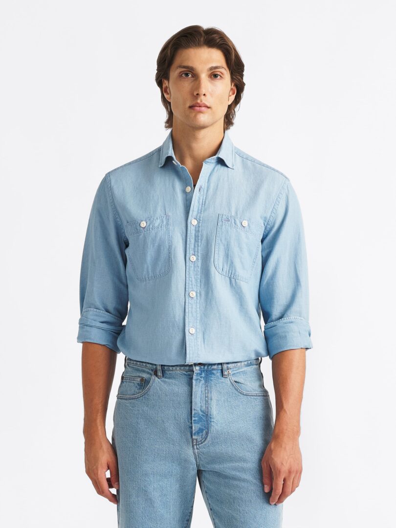 Albiate Indigo Cotton and Linen Utility Shirt Thumb Detail