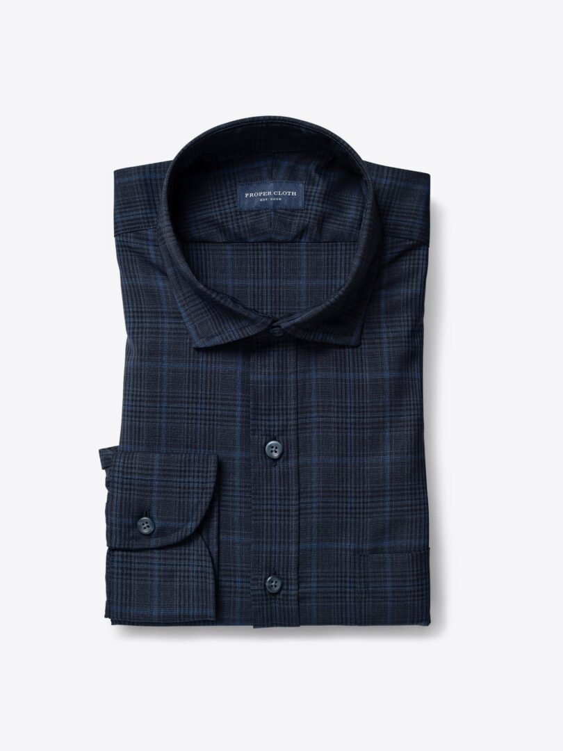 Reda Slate Blue Tonal Plaid Merino Wool Fitted Dress Shirt 