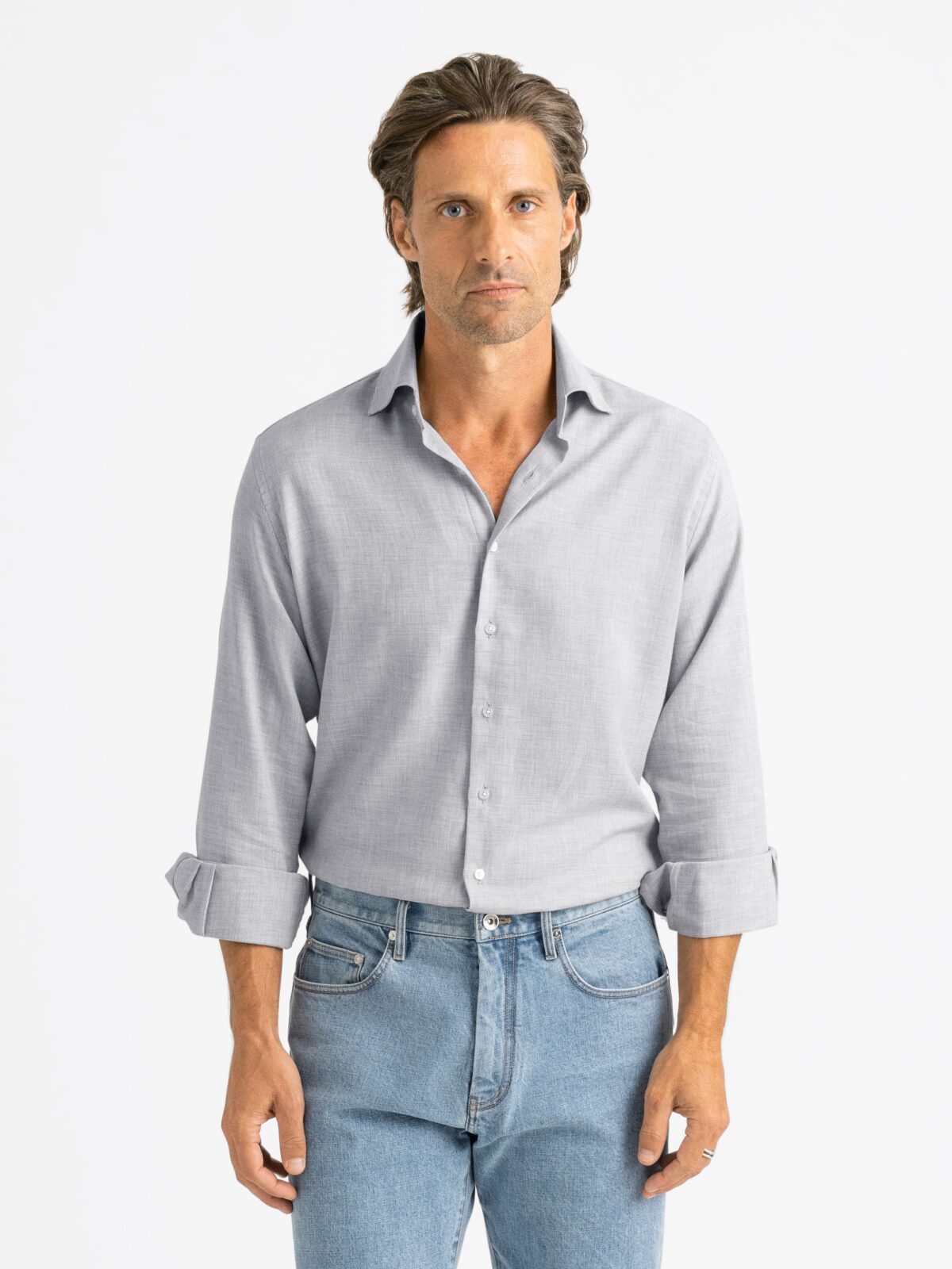 The Thomas Mason Cotton and Cashmere Dress Shirt in Light Grey