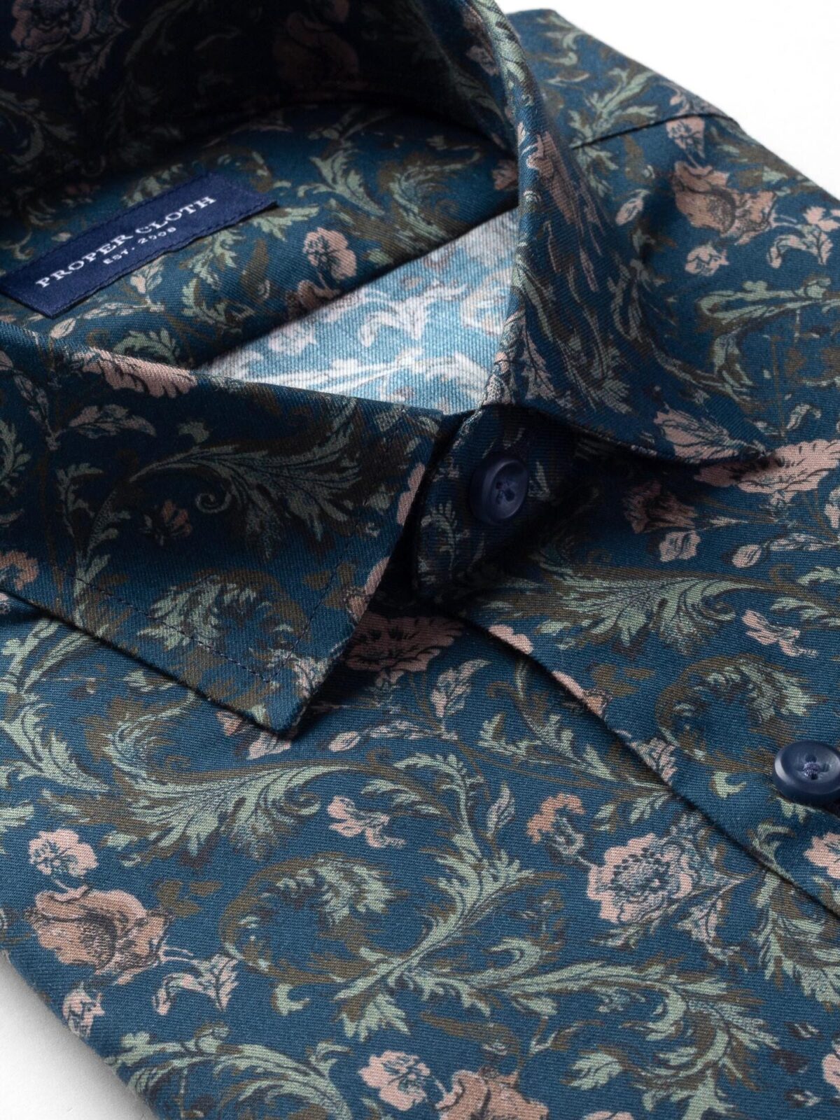 Albini Navy Green and Rose Floral Print Shirt by Proper Cloth