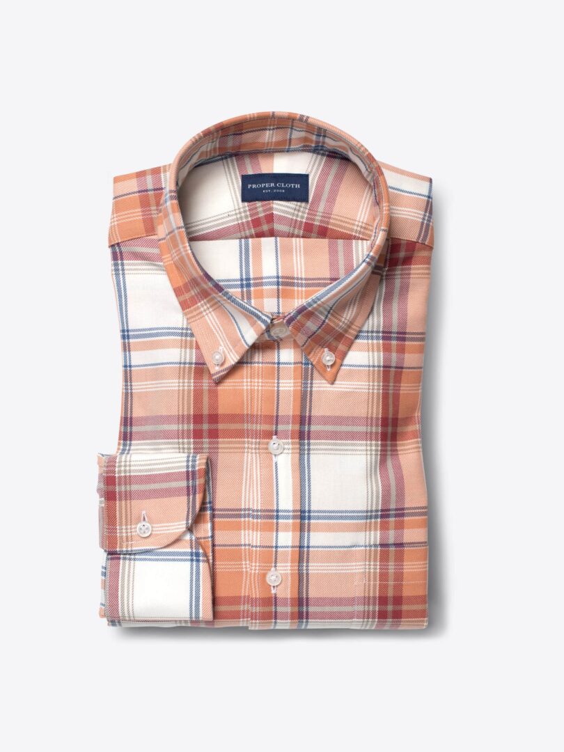 Portuguese Off White and Amber Large Plaid Fitted Dress Shirt 