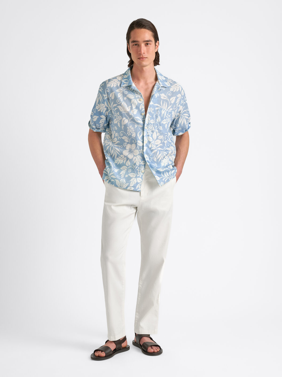 Sky Blue Linen Blend Aloha Print Shirt by Proper Cloth