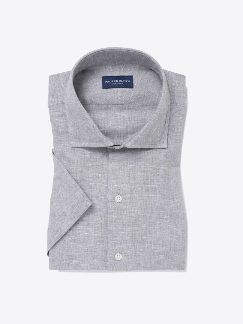 Grey Melange Cotton Linen Blend Short Sleeve Shirt