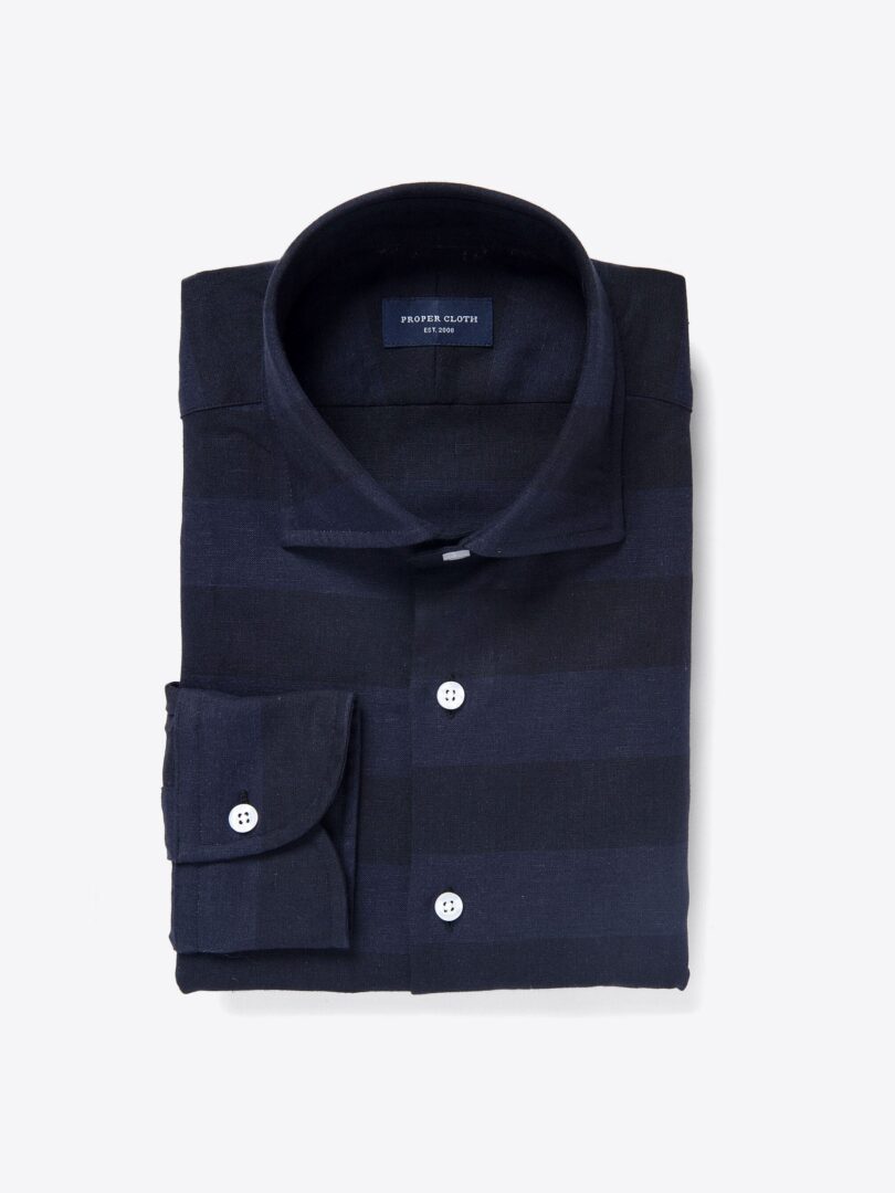 Portuguese Navy Cotton Linen Barre Stripe Custom Made Shirt 