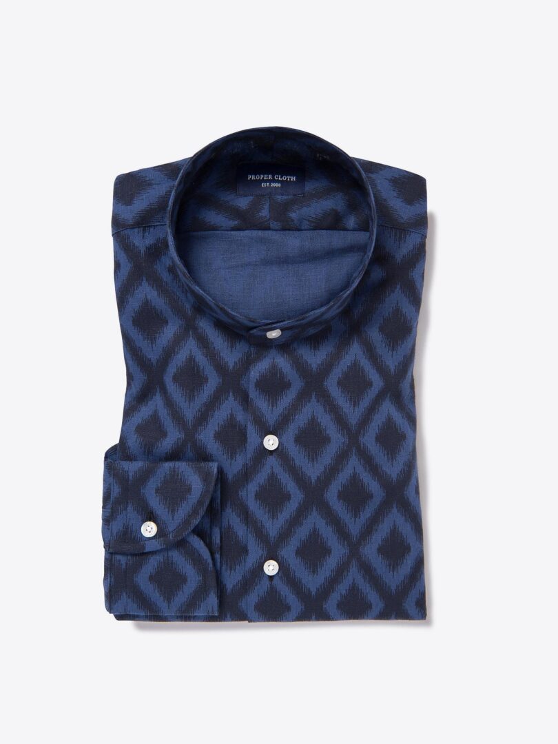 Navy Cotton Linen Ikat Print Fitted Shirt 