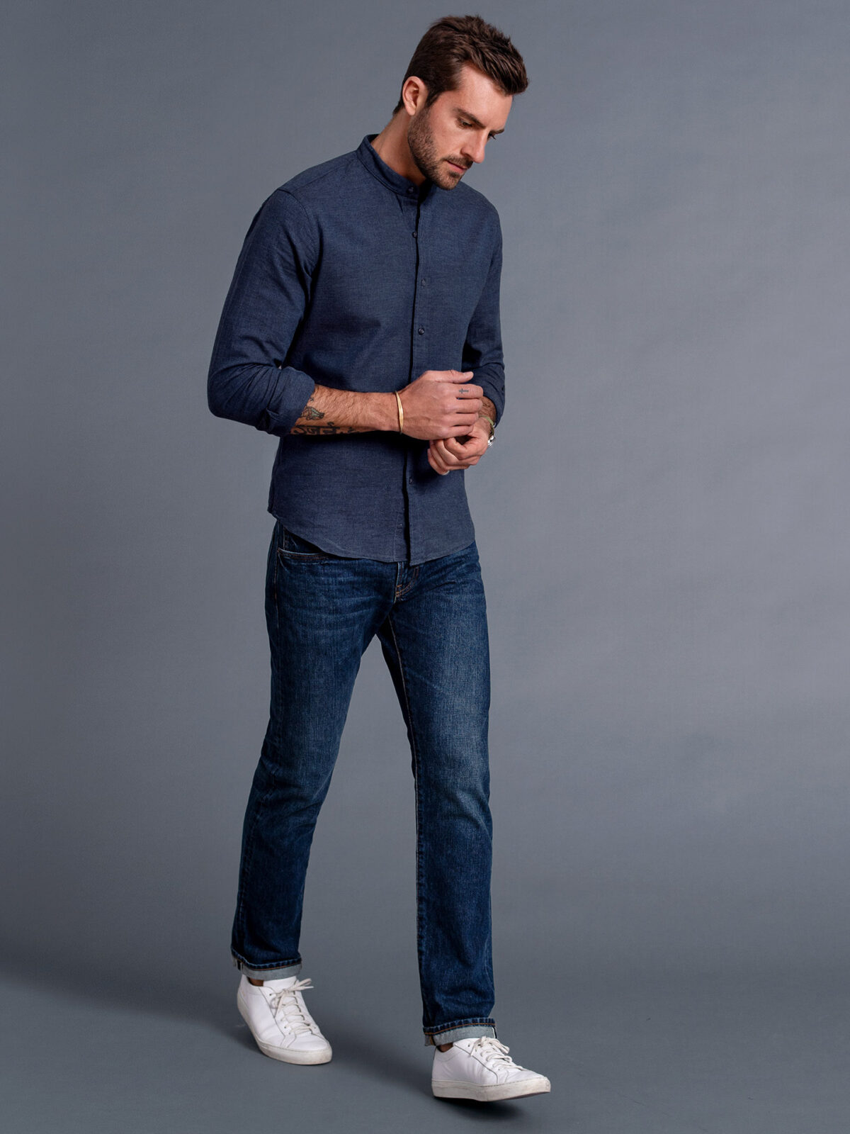 Japanese Washed Dark Blue Chambray Men's Dress Shirt Shirt by