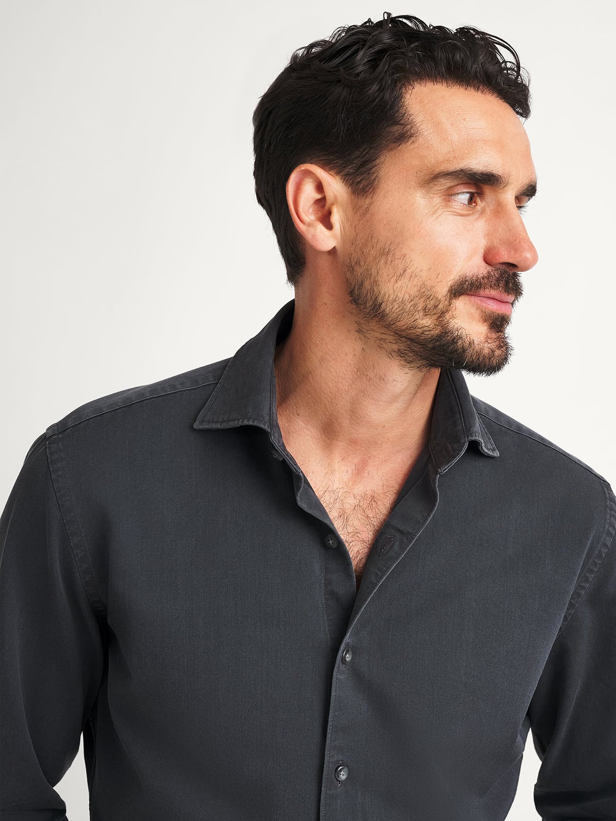 black jeans dress shirt RIB KNIT DENIM TRIM BUTTON DOWN COLLARED SHIRT IN BLACK – AKIRA main image 1