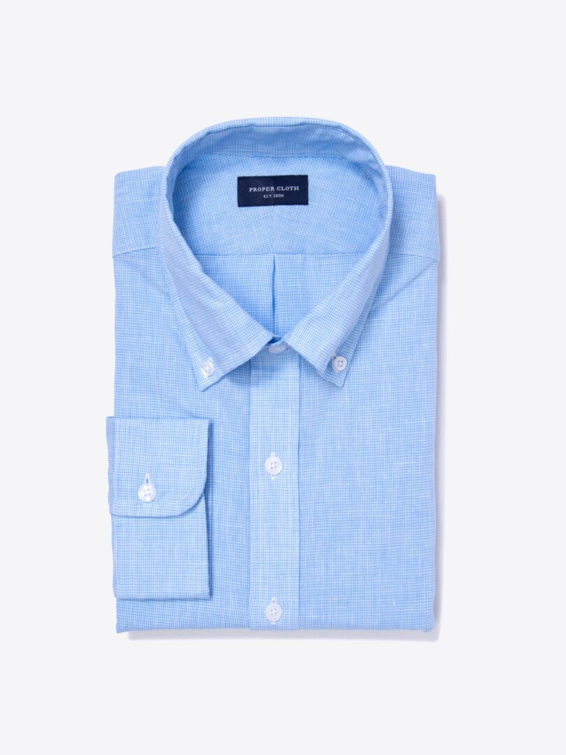 Light Blue Cotton Linen Houndstooth Fitted Dress Shirt 