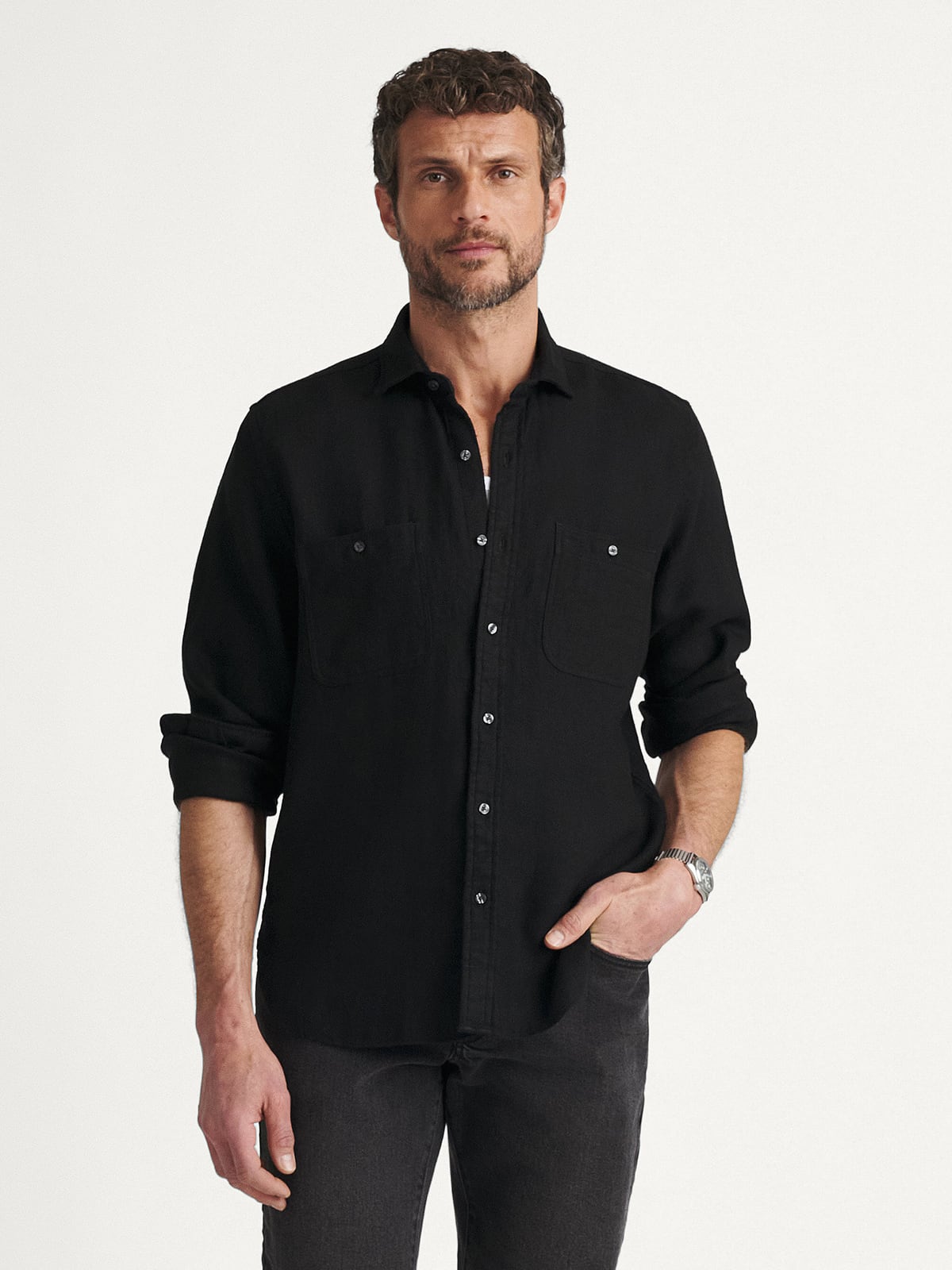 The Heavyweight Rustic Linen Utility Shirt in Black