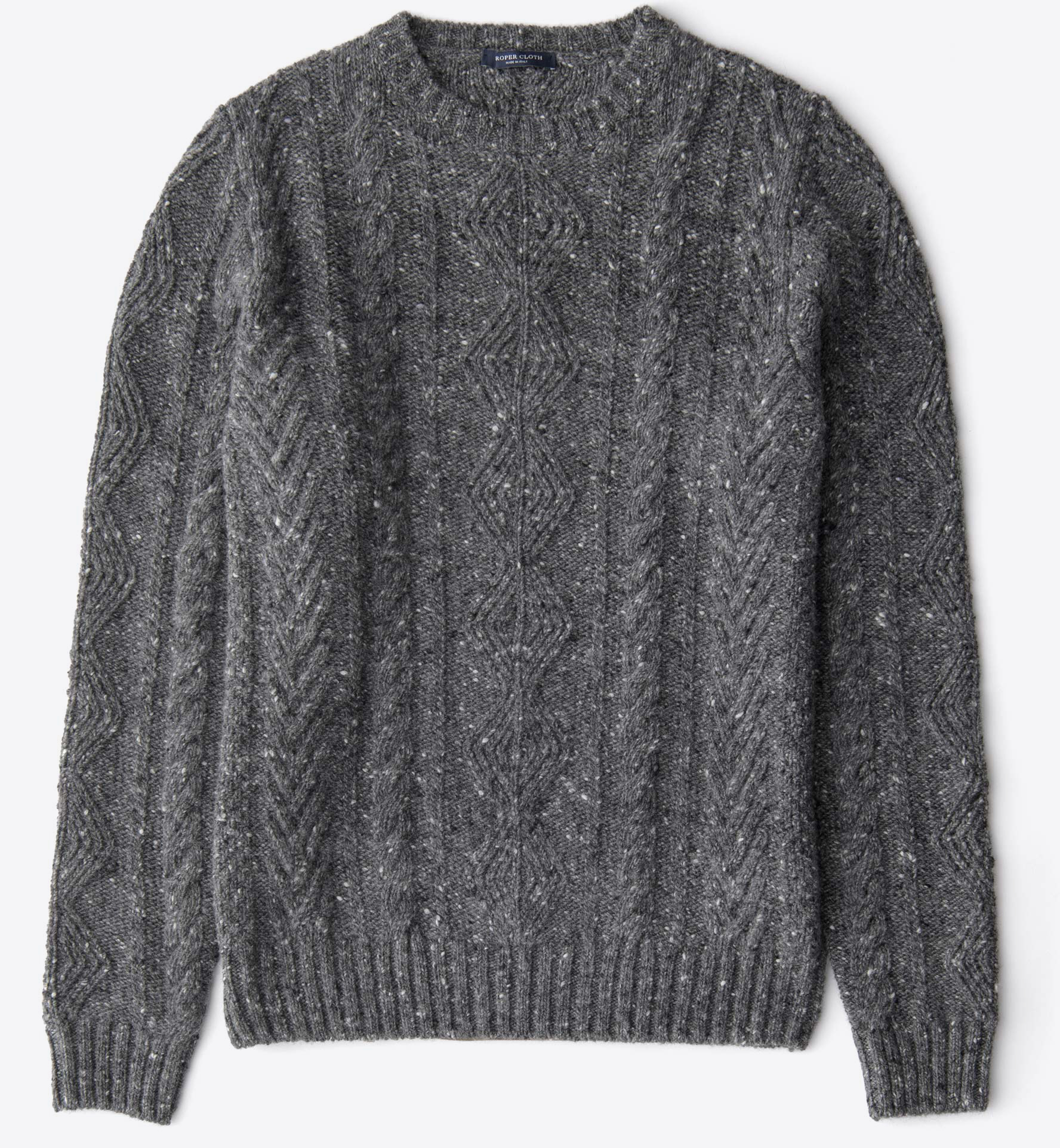Zoom Image of Italian Grey Donegal Wool and Cashmere Aran Crewneck Sweater