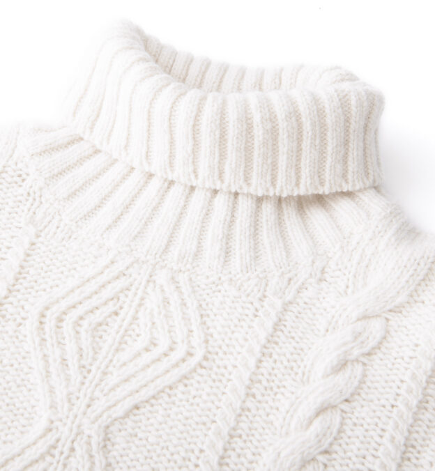 Cream Italian Wool and Cashmere Aran Turtleneck Sweater by Proper Cloth