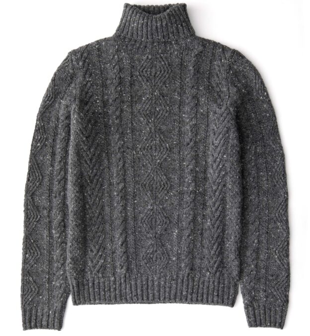 Grey Italian Wool Cashmere Aran Turtleneck Sweater by Proper Cloth