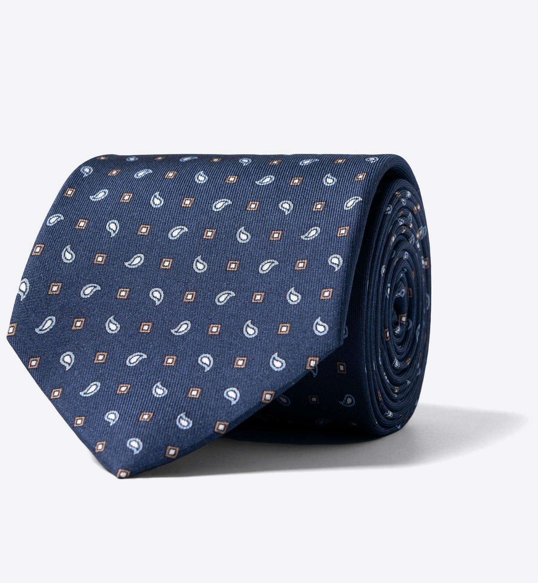 Zoom Image of Navy and Light Blue Small Paisley Print Silk Tie