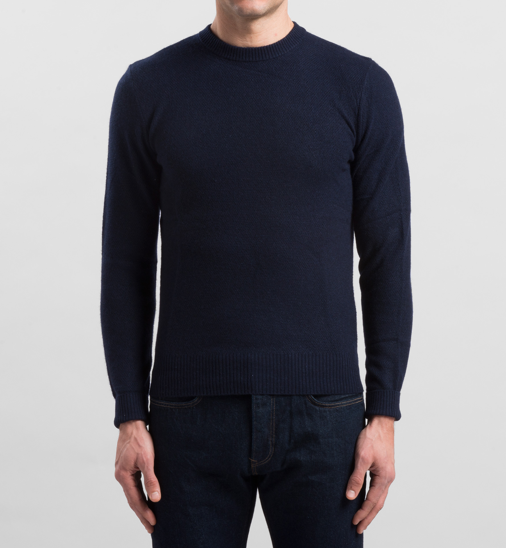 Navy Cobble Stitch Cashmere Sweater by Proper Cloth