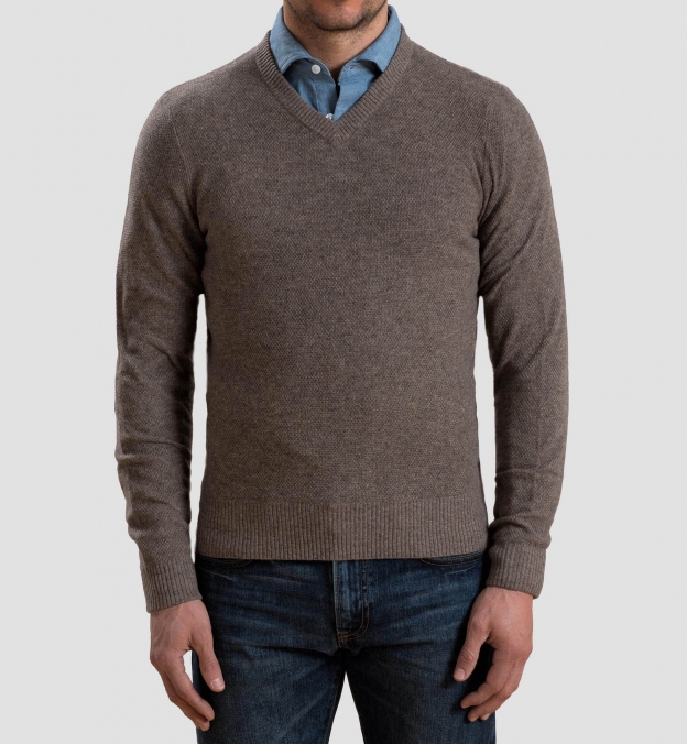Mocha Cobble Stitch Cashmere V-Neck Sweater by Proper Cloth