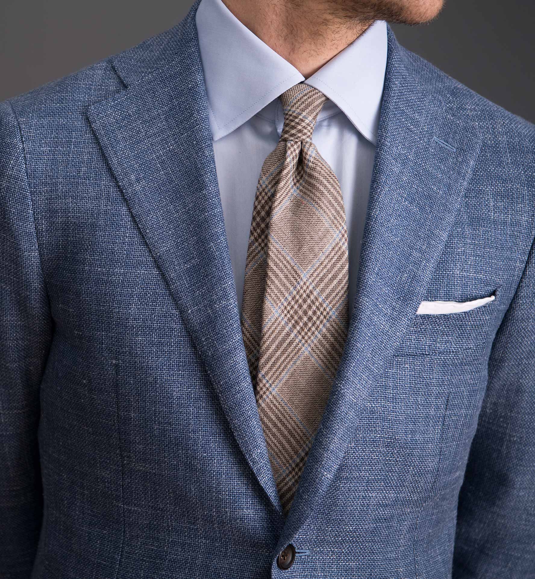 Beige and Light Blue Prince of Wales Linen Tie by Proper Cloth