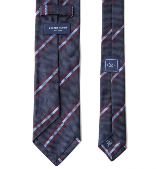 Navy Red and Light Blue Striped Silk Grenadine Tie by Proper Cloth