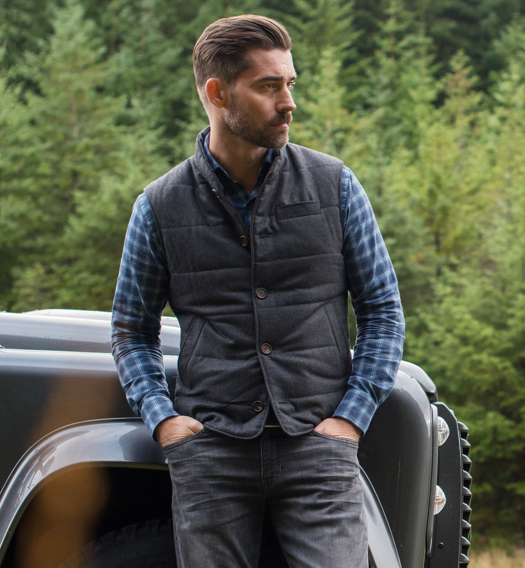 Cortina I Charcoal Flannel Button Vest by Proper Cloth