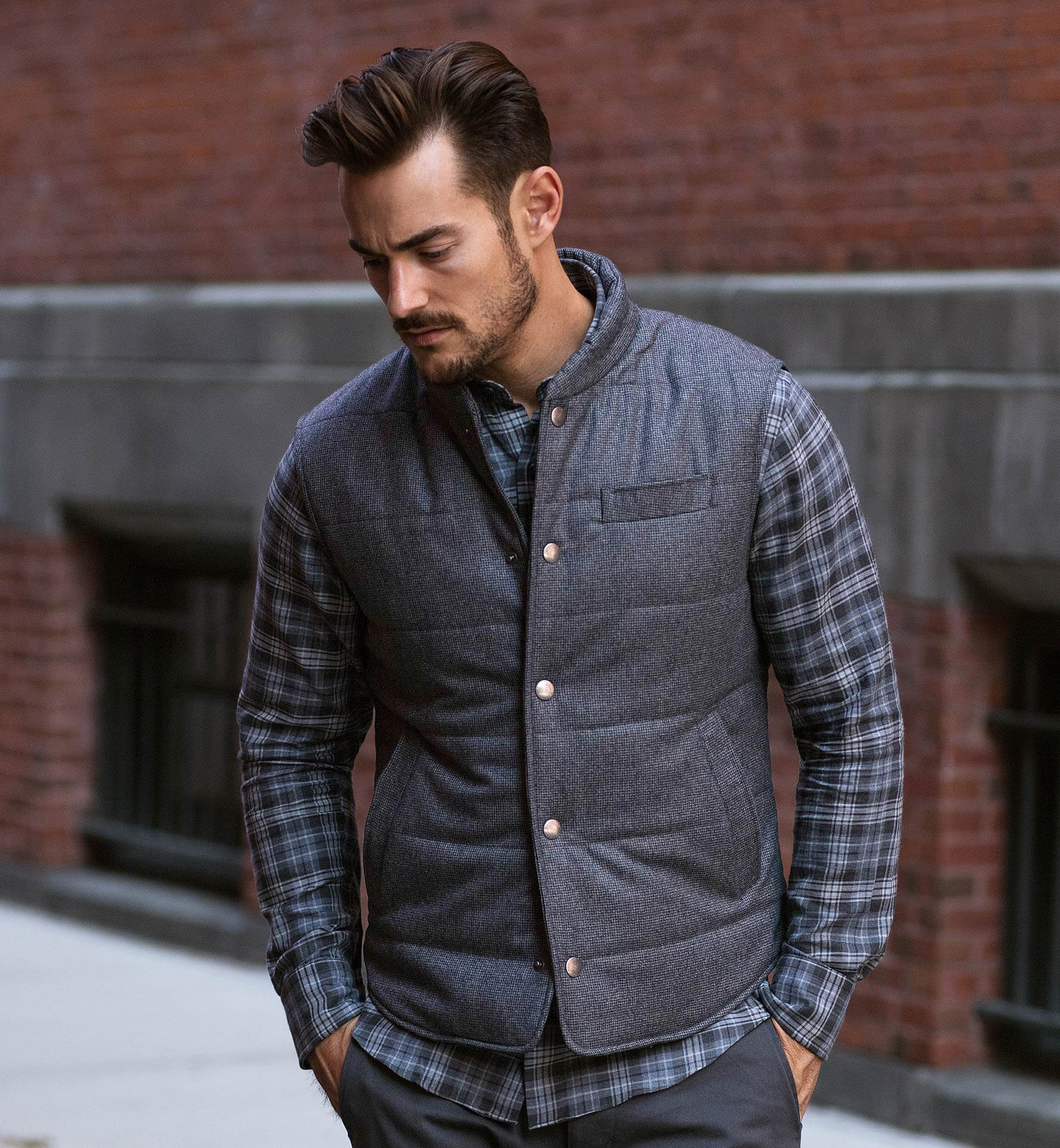Cortina I Grey Houndstooth Flannel Snap Vest by Proper Cloth