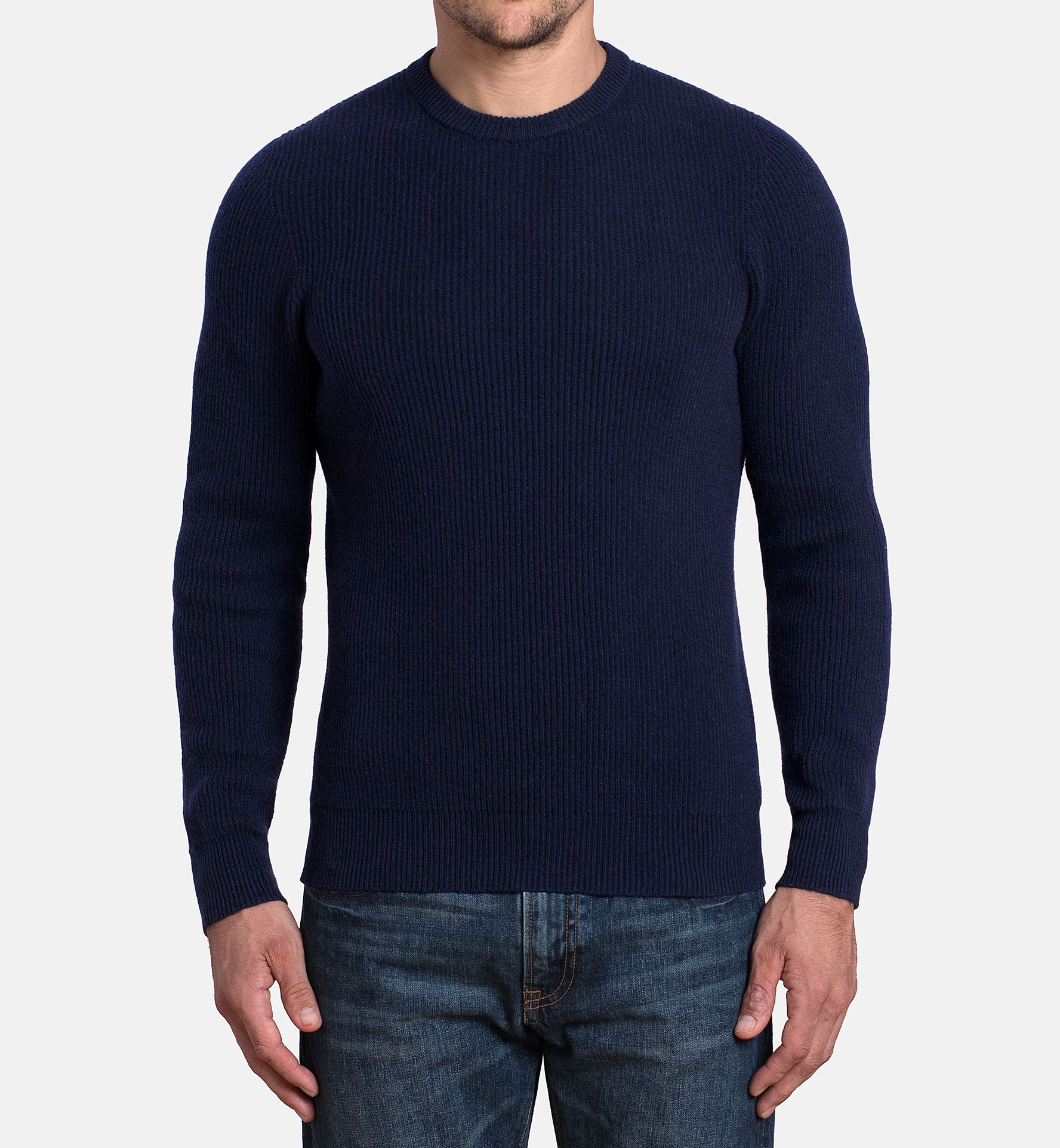 Navy Ribbed Cotton and Cashmere Crewneck Sweater by Proper Cloth