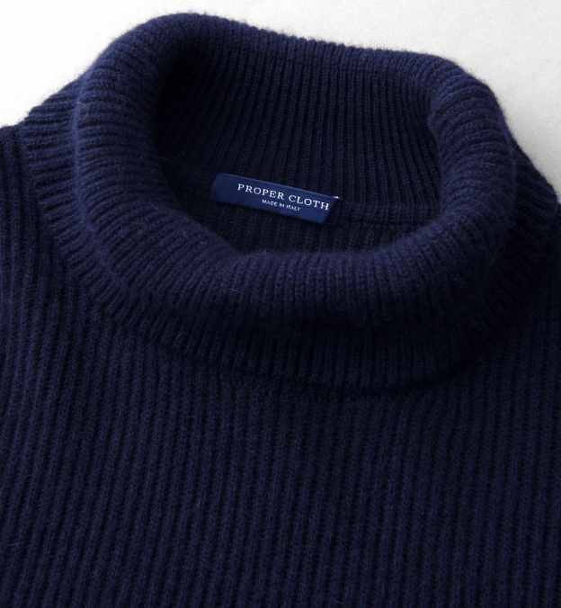 Navy Ribbed Cotton and Cashmere Rollneck Sweater by Proper Cloth