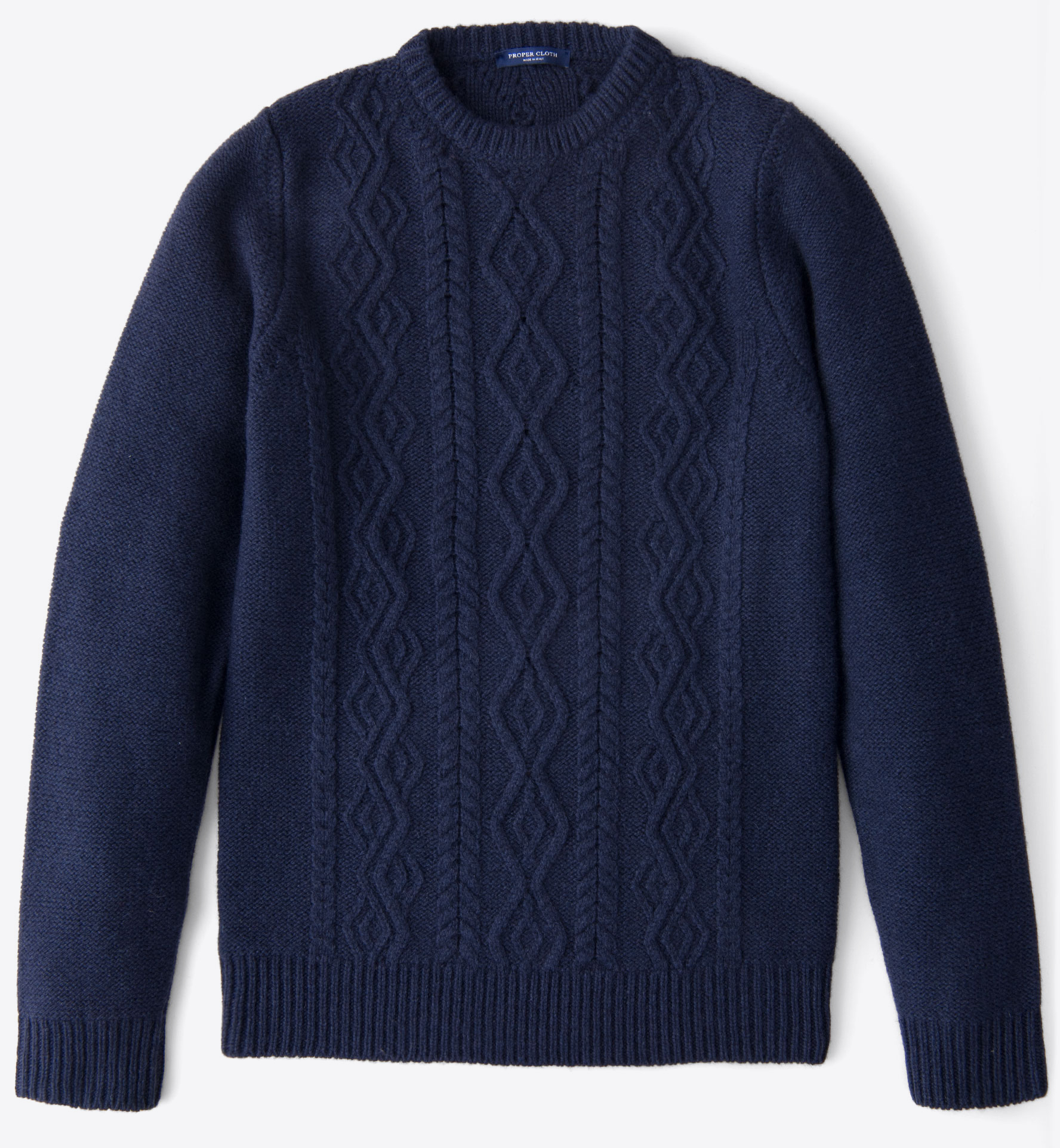 Navy Wool and Cashmere Aran Sweater by Proper Cloth