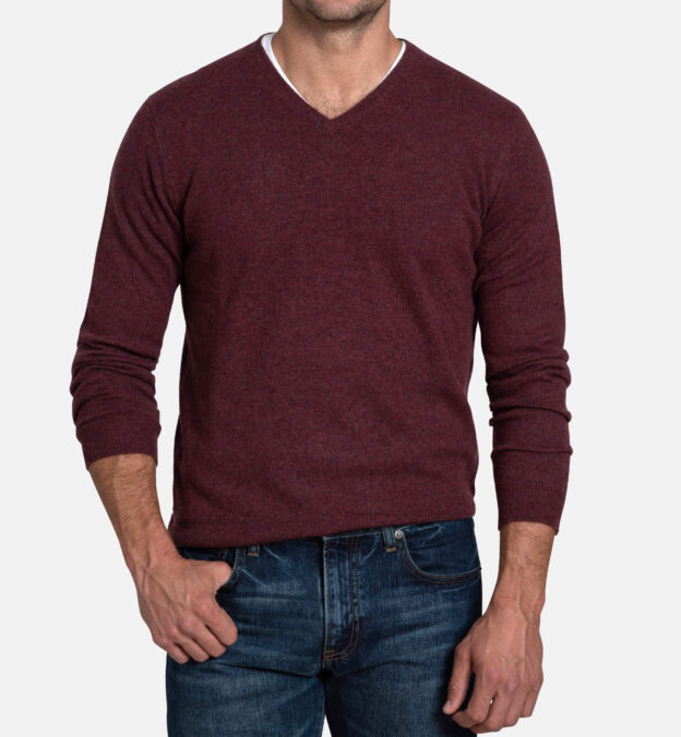 Crimson Melange Cashmere V-Neck Sweater by Proper Cloth