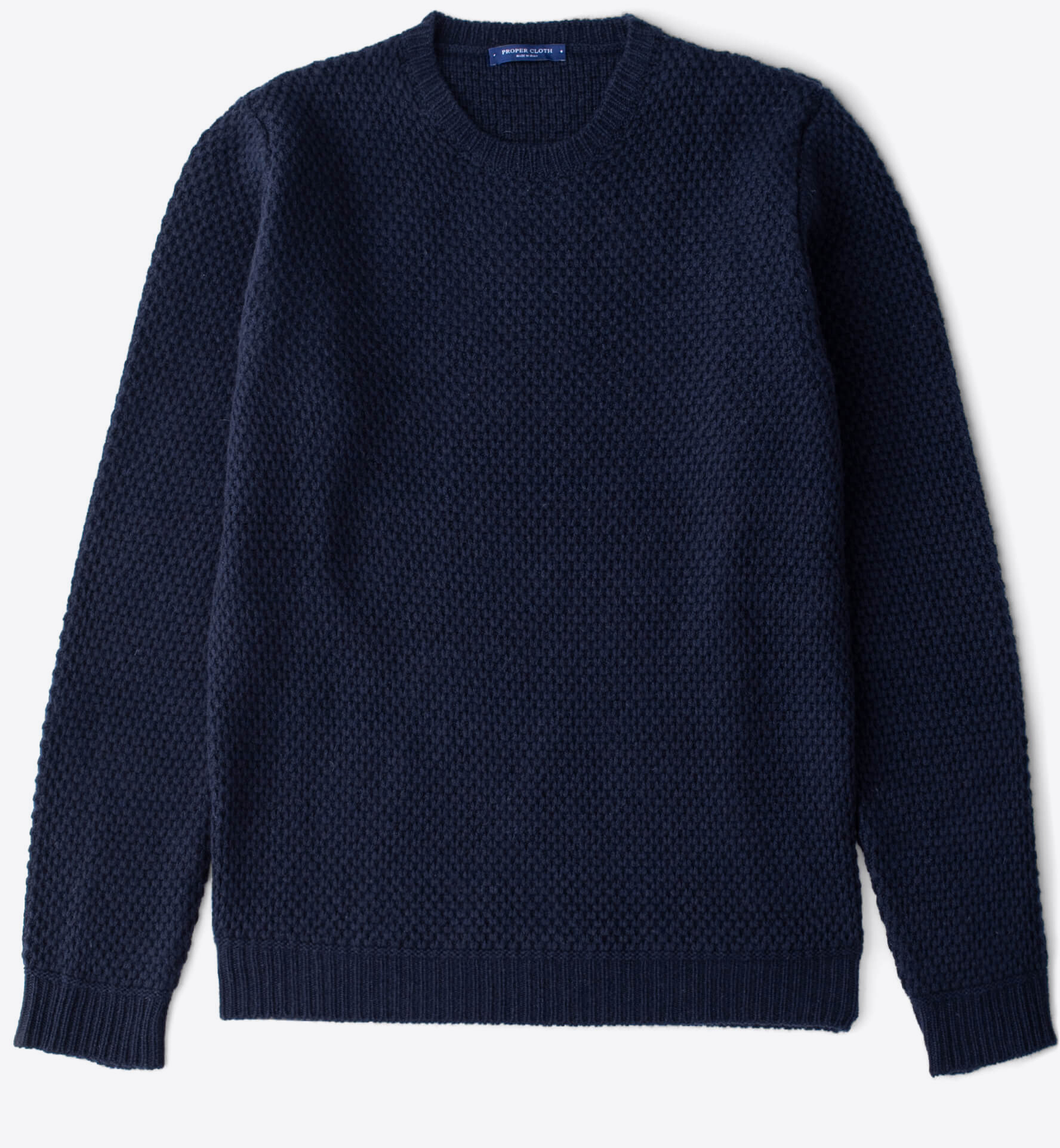 Navy Wool and Cashmere Basket Stitch Sweater by Proper Cloth