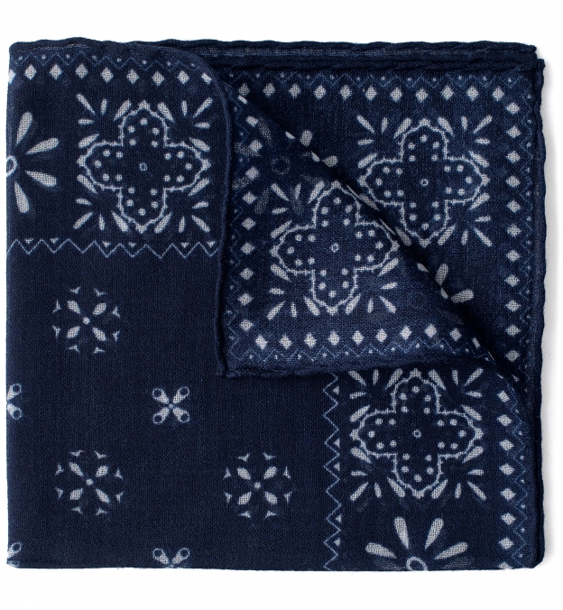 Navy Bandana Print Wool Pocket Square by Proper Cloth
